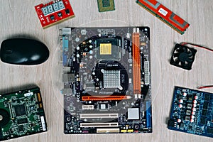 Top view of computer parts and devices