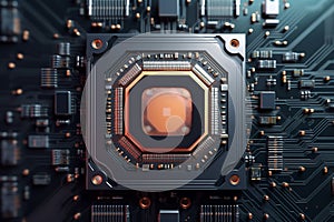 Top View of Computer Processor Chip with Circuit on Motherboard Component System