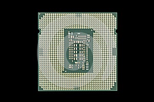 Top view computer processor isolated on black background. CPU. Central processor unit. Computer hardware technology. Integrated