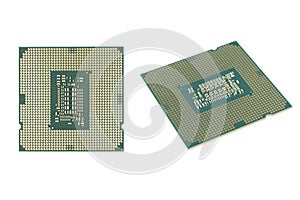 Top view computer processor isolated on white background. CPU. Central processor unit. Computer hardware technology. Integrated