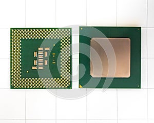 Top view of computer processors on a white background.