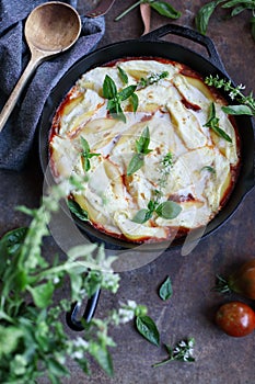 Top view of conchigliei stuffed pasta shells with ricotta cheese mozerella and basil leaves