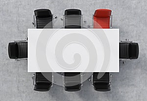 Top view of a conference room. A white rectangular table and eight chairs around, one of them is red. 3D rendering.