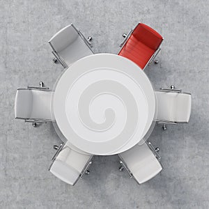 Top view of a conference room. A white round table and one red and five white chairs. 3D interior.