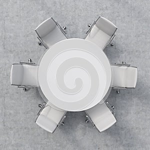 Top view of a conference room. A white round table and six chairs around. 3D interior.