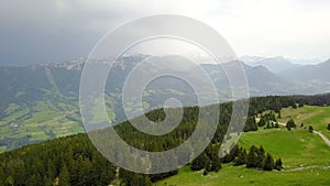 Top view of coniferous forests in mountain valleys in cloudy weather. Action. Picturesque panorama of green forest