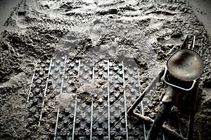 Top view of construction details. Top view of concrete pump working for underfloor heating