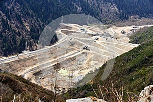 top view of the construction of a mudflow dam