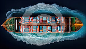 Top View Of Container Cargo Ship In Sea Background