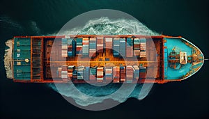 Top View Of Container Cargo Ship In Sea Background