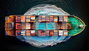 Top View Of Container Cargo Ship In Sea Background