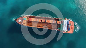 Top View Of Container Cargo Ship In Sea Background