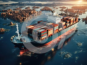 Top view container ship surreal with world planet map background, Logistic and transport concept. Generative AI