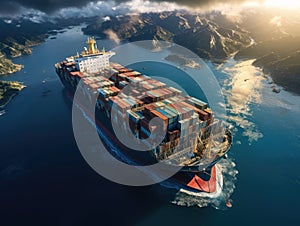 Top view container ship surreal with world planet map background, Logistic and transport concept. Generative AI
