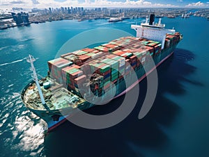 Top view container ship surreal with world planet map background, Logistic and transport concept. Generative AI