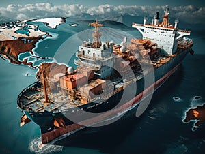 Top view container ship surreal with world planet map background, Logistic and transport concept. Generative AI