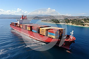 Top view container vessel embodies international freight trade in open sea panorama