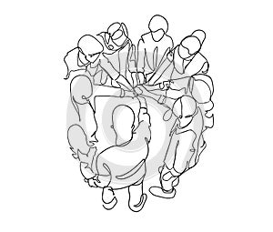 Top view continuous line drawing of young business group holding hand together. Business teamwork concept - single line drawing photo