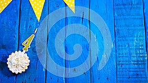 Top view copy space background festive on vintage blue boards with pie and decorations. Background congratulations on your birthda