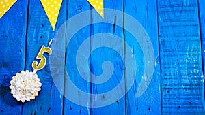 Top view copy space background festive on vintage blue boards with pie and decorations. Background congratulations on your birthda