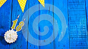 Top view copy space background festive on vintage blue boards with pie and decorations. Background congratulations on your birthda