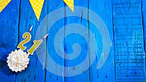 Top view copy space background festive on vintage blue boards with pie and decorations. Background congratulations on your birthda