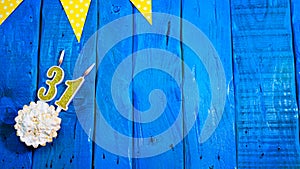 Top view copy space background festive on vintage blue boards with pie and decorations. Background congratulations on your birthda
