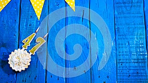 Top view copy space background festive on vintage blue boards with pie and decorations. Background congratulations on your birthda