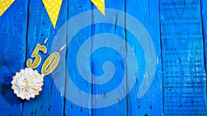 Top view copy space background festive on vintage blue boards with pie and decorations. Background congratulations on your birthda