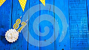 Top view copy space background festive on vintage blue boards with pie and decorations. Background congratulations on your birthda