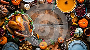 Top view with copy space, christmas foods, thanksgiving dinner with turkey, vegetables, potatoes and green beans on