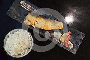 Top view, Delicious Japanese Food, Grilled Salmon Salt Fish Served with rice.