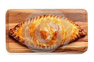 Top View, Cornish Pasty On A Wooden Boardon White Background