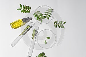 top view of cosmetic essential oil in glass bottle and petri dish and test tube on a table. lab research on skin care