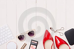 Top view of cosmetics and female accessories. Woman Essentials.