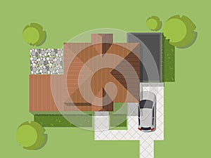 Top view of a country with house, courtyard, lawn and garage. Top view of a house. Vector illustration.