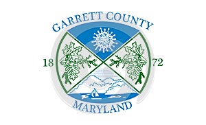 Top view of county of Garrett, Maryland flag, USA, no flagpole. Plane design, layout. Flag background