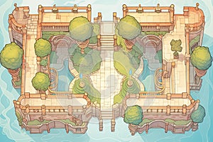 top view of a courtyard with ornamental corbels in italianate design, magazine style illustration