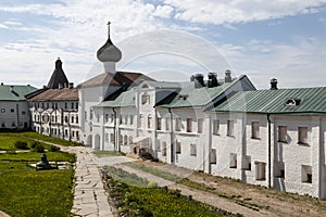 Top view of the courtyard of the Spaso-Preobrazhensky Solovetsky Monastery with the Annunciation Gate Church and monastic building