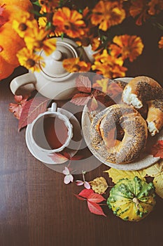 Top view of cozy autumn breakfast on table in country house