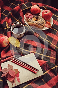 Top view of cozy autumn morning at home. Breakfast with pot of tea and bagel with apples