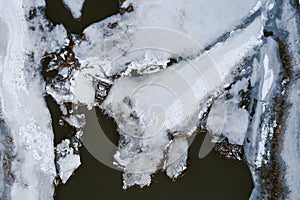 Top view of cracked ice in the river. Aerial photo