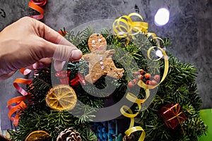 Top View Of Creation Of Christmas Wreaths With Fir Branches photo