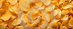 Top view of crispy appetizing yellow potato chips background