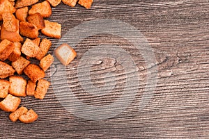 Top view at crispy croutons of white bread.  Close up view