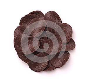 Top view of crispy dark chocolate wave chips