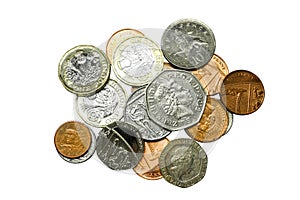 Top view and crop of British currency coins isolate on white background.