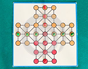 Top view of cross solitaire board game on table