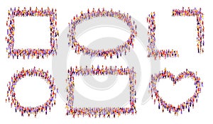 Top view crowd frames. Community unity frame with diverse group of people forming square, oval, circle, rectangle and