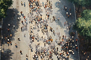 Top view crowd of people walking on the road